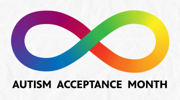 Continuum sympbol with rainbows colour. Autism Acceptance Month written in Black