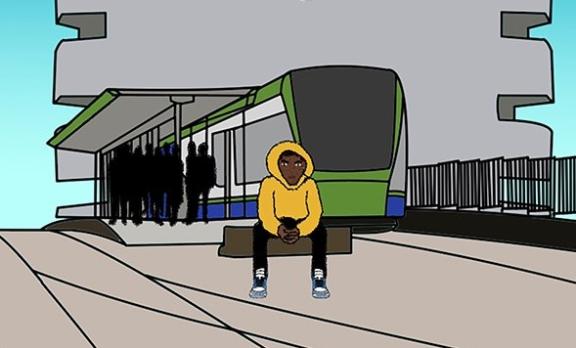 illustration of boy sitting at a station