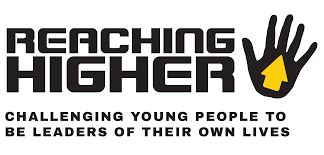 Reaching higher logo black and yellow with a black hand with yellow arrow in the middle