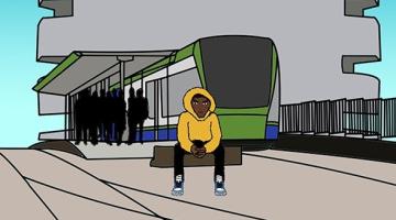 illustration of boy sitting at a station