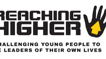 Reaching higher logo black and yellow with a black hand with yellow arrow in the middle